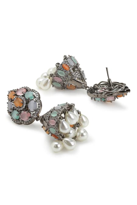 Buy_Ruby Raang_Multi Color Stones, Pearls Tear Drop Carved Jhumkas _Online_at_Aza_Fashions