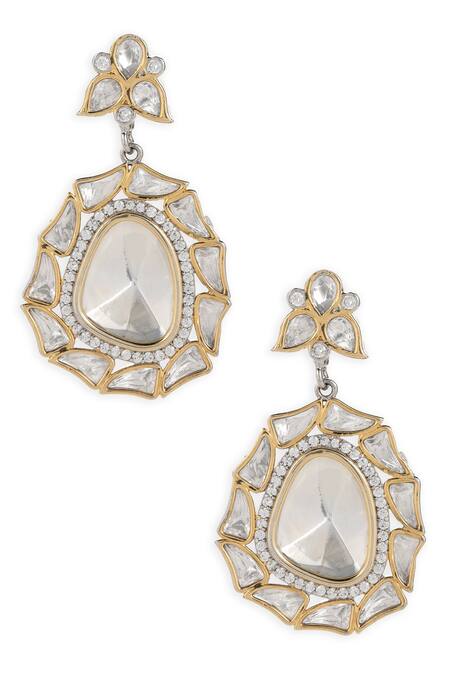 Ruby Raang_Silver Plated Stones Geometric Carved Embellished Earrings_Online_at_Aza_Fashions