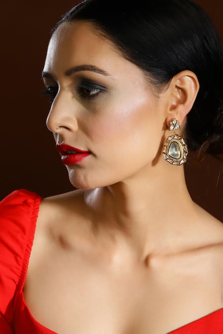 Ruby Raang Gold Plated Stone Carved Embellished Earrings 