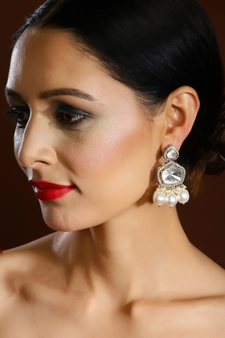 Ruby Raang Silver Plated Kundan Pearl Drop Earrings 