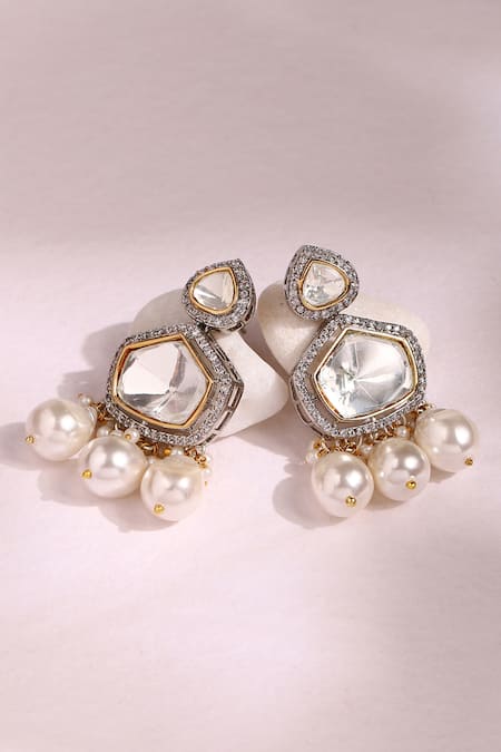 Shop Ruby Raang Silver Plated Pearls, Stones, Gota Patti Drop Earrings at Aza Fashions Shop_Ruby Raang_Silver Plated Pearls, Stones, Gota Patti Drop Earrings _at_Aza_Fashions