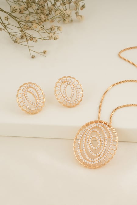 SMARS JEWELRY_Gold Plated Crystals Cubic Zirconia Studded Oval Pendant Necklace Set_Online_at_Aza_Fashions