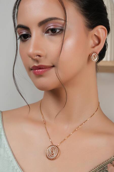 Buy_SMARS JEWELRY_Gold Plated Crystals Cubic Zirconia Studded Oval Pendant Necklace Set_Online_at_Aza_Fashions