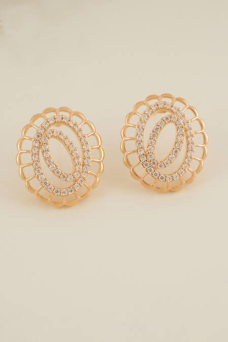 SMARS JEWELRY_Gold Plated Crystals Cubic Zirconia Studded Oval Pendant Necklace Set_at_Aza_Fashions