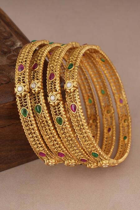 SMARS JEWELRY_Gold Plated Stones, Crystals Studded Jaali Bangles-Set of 4_Online_at_Aza_Fashions