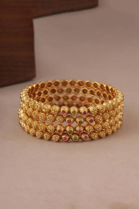 SMARS JEWELRY_Gold Plated Crystals, Stones Studded Antique Bangles-Set of 4_Online_at_Aza_Fashions