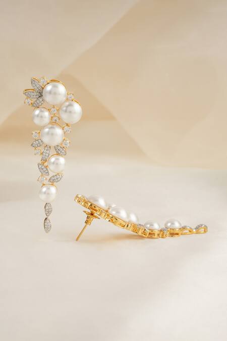 Smars Jewelry_Gold Plated Pearls, Stones Cluster Earrings_Online_at_Aza_Fashions