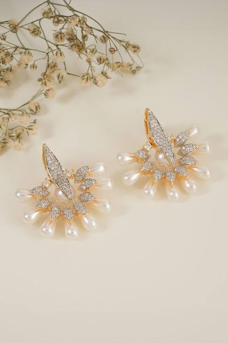 Smars Jewelry_Gold Plated Crystals, Pearls, Diamonds Cubic Zirconia Embellished Earrings _Online_at_Aza_Fashions