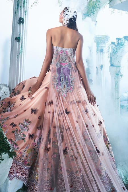 Label Ankush Jain Peach Organza, Silk, Net Embroidery, Applique Butterfly Bridal Lehenga Set Online at Aza Fashions Label Ankush Jain_Peach Organza, Silk, Net Embroidery, Applique Butterfly Bridal Lehenga Set _Online_at_Aza_Fashions