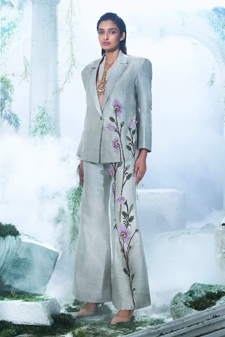 Label Ankush Jain Connecting Raw Silk Embroidered Blazer & Flared Pant Set 