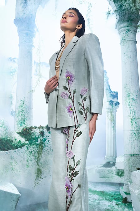 Label Ankush Jain Connecting Raw Silk Embroidered Blazer & Flared Pant Set 