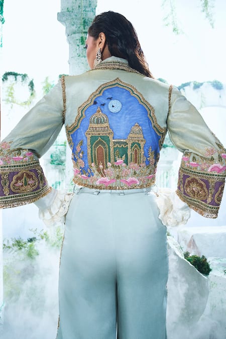 Shop Label Ankush Jain Green Silk Embroidery Collared Moon Cropped Blazer Set at Aza Fashions Shop_Label Ankush Jain_Green Silk Embroidery Collared Moon Cropped Blazer Set _at_Aza_Fashions
