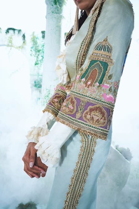 Label Ankush Jain Green Silk Embroidery Collared Moon Cropped Blazer Set Online at Aza Fashions Label Ankush Jain_Green Silk Embroidery Collared Moon Cropped Blazer Set _Online_at_Aza_Fashions