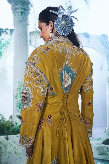 Label Ankush Jain_Yellow Silk, Tissue Embroidery Collared Overzied Frame Anarkali And Pant Set _Online_at_Aza_Fashions