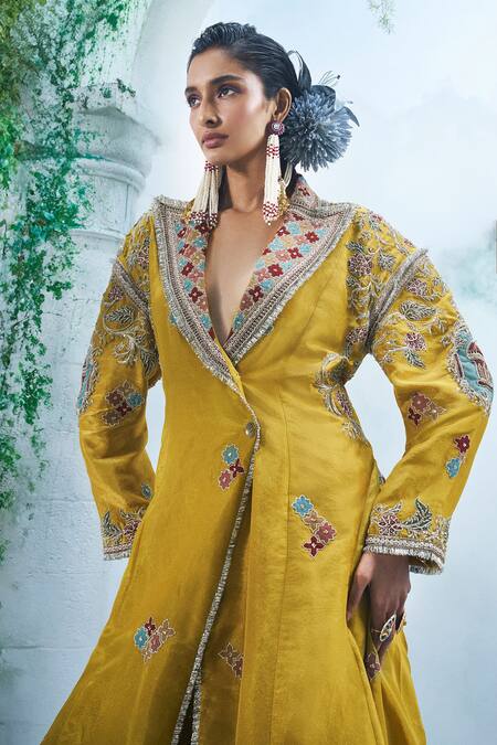 Buy_Label Ankush Jain_Yellow Silk, Tissue Embroidery Collared Overzied Frame Anarkali And Pant Set _Online_at_Aza_Fashions