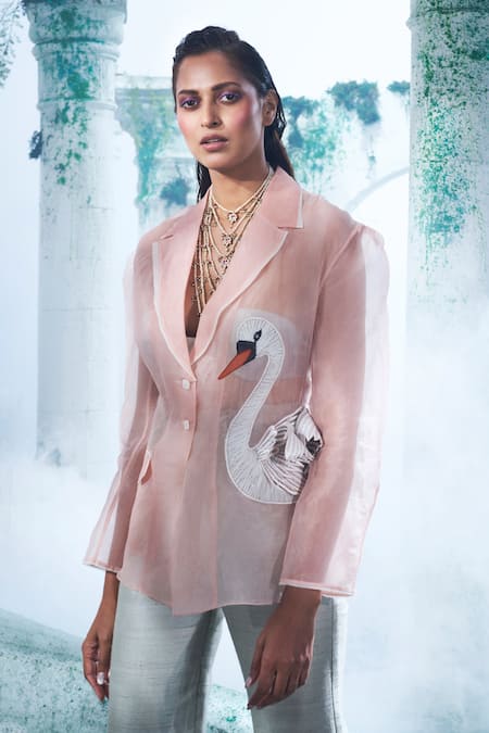 Label Ankush Jain Pink Shirt Organza Embroidery Swan Applique Notched Lapel Collar Blazer Set 