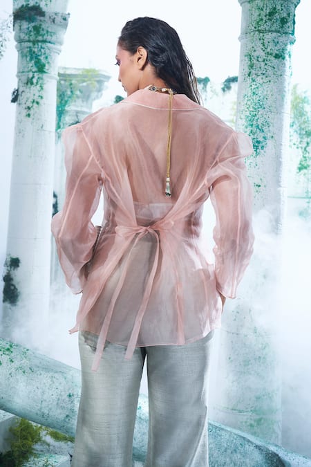 Shop_Label Ankush Jain_Pink Organza, Cotton Embroidery Round Neck Swan Applique Blazer Set _at_Aza_Fashions