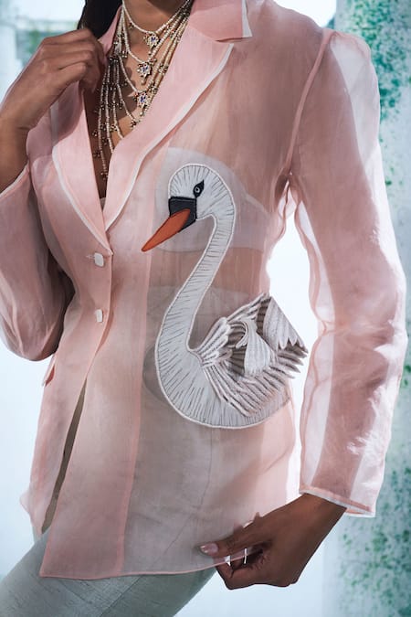 Label Ankush Jain_Pink Organza, Cotton Embroidery Round Neck Swan Applique Blazer Set _Online_at_Aza_Fashions