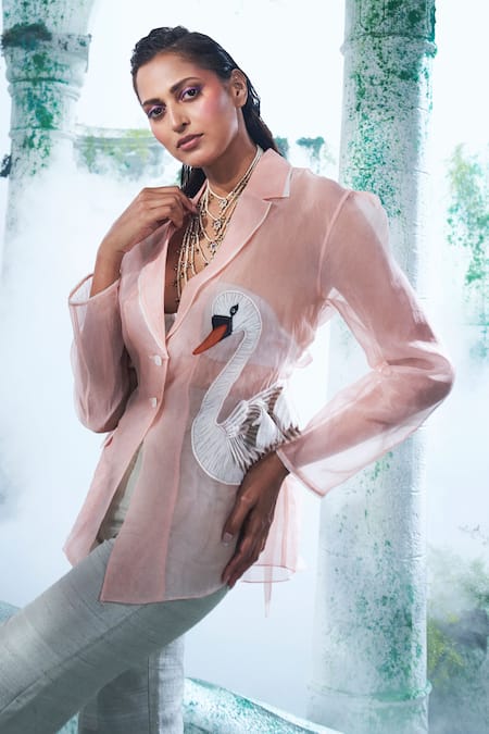 Buy_Label Ankush Jain_Pink Organza, Cotton Embroidery Round Neck Swan Applique Blazer Set _Online_at_Aza_Fashions