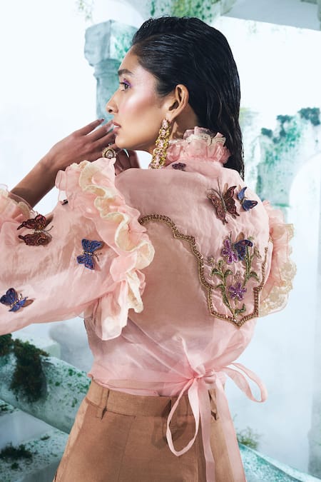 Shop Label Ankush Jain Pink Organza Embroidery Round Neck Butterfly Applique Shirt And Pant Set at Aza Fashions Shop_Label Ankush Jain_Pink Organza Embroidery Round Neck Butterfly Applique Shirt And Pant Set _at_Aza_Fashions