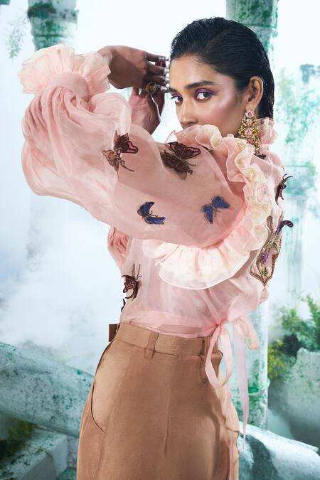Label Ankush Jain Pink Organza Embroidery Round Neck Butterfly Applique Shirt And Pant Set Online at Aza Fashions Label Ankush Jain_Pink Organza Embroidery Round Neck Butterfly Applique Shirt And Pant Set _Online_at_Aza_Fashions