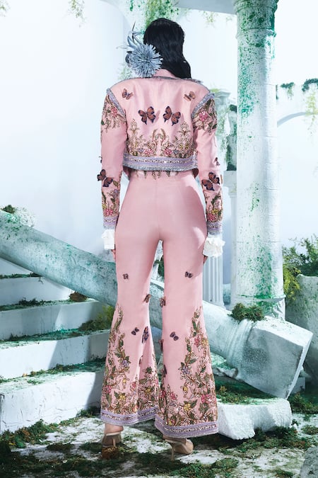 Shop Label Ankush Jain Peach Tissue, Silk Embroidery, Zari, Applique Collared Butterfly Blazer Set at Aza Fashions Shop_Label Ankush Jain_Peach Tissue, Silk Embroidery, Zari, Applique Collared Butterfly Blazer Set _at_Aza_Fashions