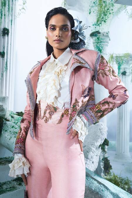 Buy Label Ankush Jain Peach Tissue, Silk Embroidery, Zari, Applique Collared Butterfly Blazer Set Online at Aza Fashions Buy_Label Ankush Jain_Peach Tissue, Silk Embroidery, Zari, Applique Collared Butterfly Blazer Set _Online_at_Aza_Fashions