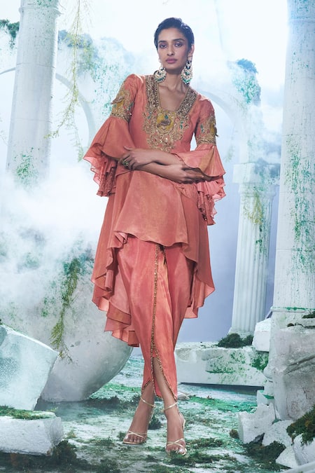 Shop_Label Ankush Jain_Pink Georgette Embroidery, Diamonds V-neck Sparrow Kurta And Dhoti Pant Set _at_Aza_Fashions