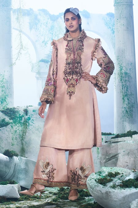 Label Ankush Jain Peach Zari Georgette Embroidery Dori Mandarin Pigeon Kurta And Flared Pant Set 