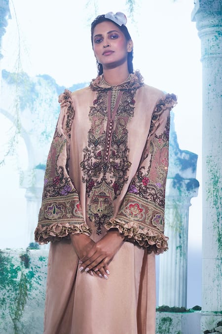 Shop Label Ankush Jain Peach Georgette Diamonds, Applique, Embroidery Pigeon Kurta And Flared Pant Set at Aza Fashions Shop_Label Ankush Jain_Peach Georgette Diamonds, Applique, Embroidery Pigeon Kurta And Flared Pant Set _at_Aza_Fashions