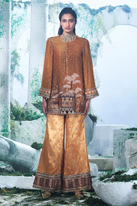 Label Ankush Jain Orange Zari Georgette Embroidery Leaf Applique Quilla Kurta And Flared Pant Set 