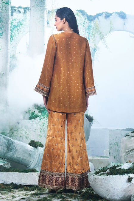 Shop_Label Ankush Jain_Orange Georgette, Silk Zari, Embroidery Round Quilla Kurta And Flared Pant Set _at_Aza_Fashions