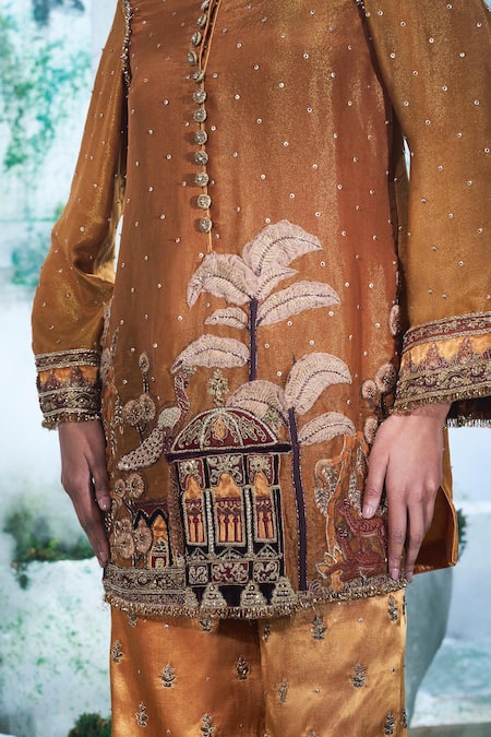 Label Ankush Jain_Orange Georgette, Silk Zari, Embroidery Round Quilla Kurta And Flared Pant Set _Online_at_Aza_Fashions