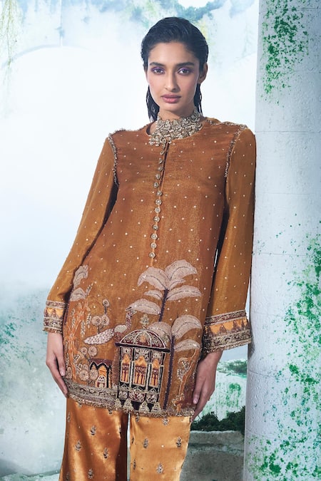 Buy_Label Ankush Jain_Orange Georgette, Silk Zari, Embroidery Round Quilla Kurta And Flared Pant Set _Online_at_Aza_Fashions