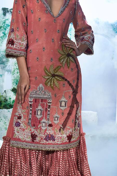 Label Ankush Jain_Pink Georgette, Silk Diamonds, Embroidery Coconut Tree Kurta And Sharara Set _Online_at_Aza_Fashions