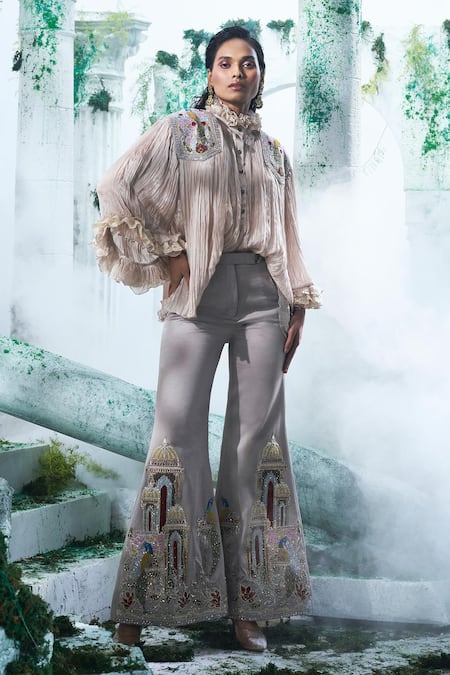 Label Ankush Jain Grey Shirt Chinnon Embroidery Zari Ruffle Neck Quilla And Flared Pant Set 