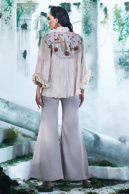 Shop Label Ankush Jain Grey Chiffon, Modal, Satin Zari, Diamonds, Quilla Shirt And Flared Pant Set at Aza Fashions Shop_Label Ankush Jain_Grey Chiffon, Modal, Satin Zari, Diamonds, Quilla Shirt And Flared Pant Set _at_Aza_Fashions