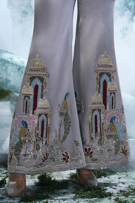 Label Ankush Jain Grey Chiffon, Modal, Satin Zari, Diamonds, Quilla Shirt And Flared Pant Set Online at Aza Fashions Label Ankush Jain_Grey Chiffon, Modal, Satin Zari, Diamonds, Quilla Shirt And Flared Pant Set _Online_at_Aza_Fashions