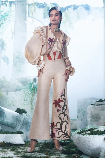 Label Ankush Jain Peach Shirt Modal Satin Embroidery 3d Flower Applique Pointed And Corset Pant Set 