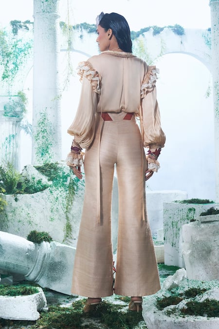 Shop Label Ankush Jain Peach Modal, Satin, Silk Embroidery Collared Flower Shirt And Corset Pant Set at Aza Fashions Shop_Label Ankush Jain_Peach Modal, Satin, Silk Embroidery Collared Flower Shirt And Corset Pant Set _at_Aza_Fashions