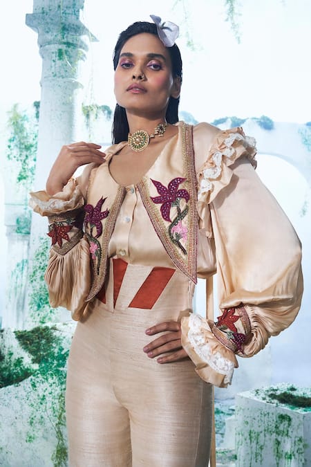 Label Ankush Jain Peach Modal, Satin, Silk Embroidery Collared Flower Shirt And Corset Pant Set Online at Aza Fashions Label Ankush Jain_Peach Modal, Satin, Silk Embroidery Collared Flower Shirt And Corset Pant Set _Online_at_Aza_Fashions