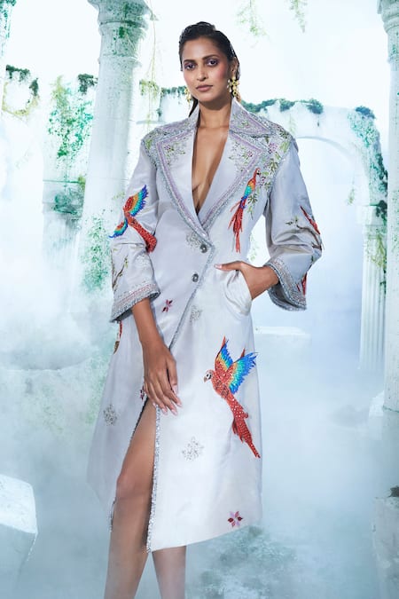 Label Ankush Jain Grey Zari Georgette Embroidery Applique Notched Lapel Phoenix Trench Coat 