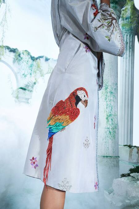 Label Ankush Jain Grey Georgette Embroidery Phoenix Trench Coat Online at Aza Fashions Label Ankush Jain_Grey Georgette Embroidery Phoenix Trench Coat _Online_at_Aza_Fashions