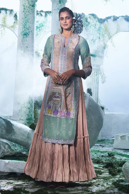 Label Ankush Jain Green Zari Georgette Embroidery Applique Notched Jharoka Kurta With Gown 