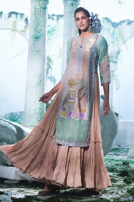 Label Ankush Jain_Green Georgette, Silk Diamonds, Zari, Embroidery Jharoka Kurta With Gown _Online_at_Aza_Fashions