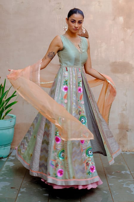 AUM by Asit and Ashima Green Silk Embroidered Bead Zardozi Panelled Jacket Anarkali Lehenga Set 