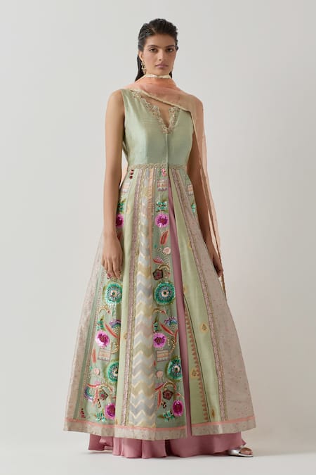 Buy Aum By Asit And Ashima Green Silk Sequins, Zardozi Embroidered Panelled Jacket Anarkali Lehenga Set Online at Aza Fashions Buy_Aum By Asit And Ashima_Green Silk Sequins, Zardozi Embroidered Panelled Jacket Anarkali Lehenga Set _Online_at_Aza_Fashions