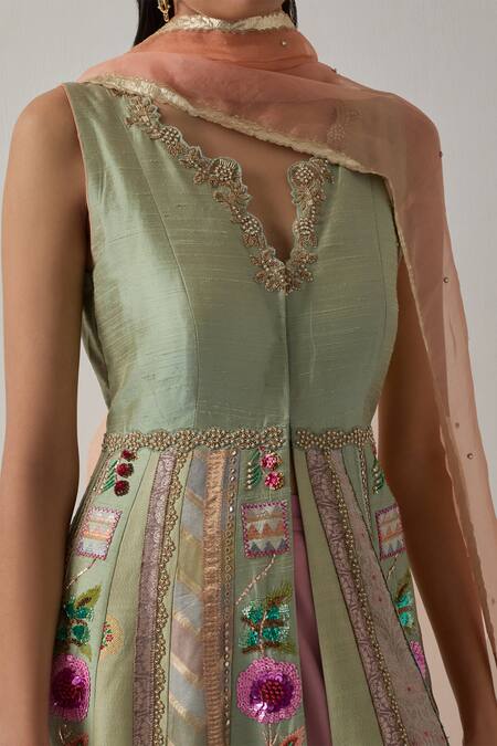 Shop Aum By Asit And Ashima Green Silk Sequins, Zardozi Embroidered Panelled Jacket Anarkali Lehenga Set Online at Aza Fashions Shop_Aum By Asit And Ashima_Green Silk Sequins, Zardozi Embroidered Panelled Jacket Anarkali Lehenga Set _Online_at_Aza_Fashions