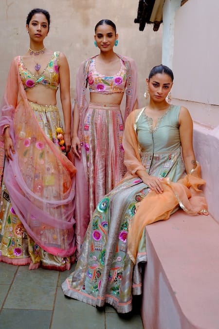 Shop Aum By Asit And Ashima Green Silk Sequins, Zardozi Embroidered Panelled Jacket Anarkali Lehenga Set Shop_Aum By Asit And Ashima_Green Silk Sequins, Zardozi Embroidered Panelled Jacket Anarkali Lehenga Set