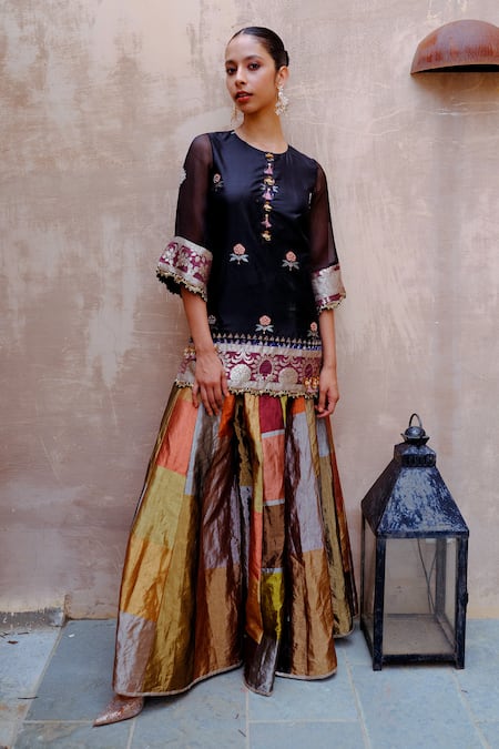 AUM by Asit and Ashima Floral Butti Sequined Kurta With Geometric Panelled Sharara 